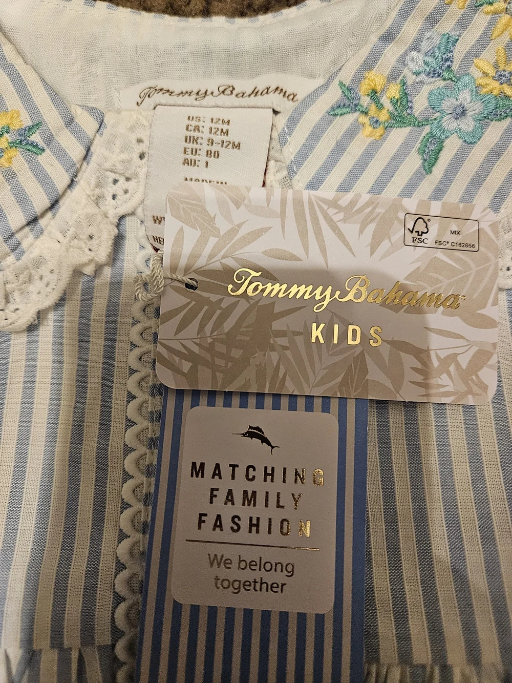 Tommy Bahama Kids Girls Light Blue &White Striped Dress with Embroidered Collar
